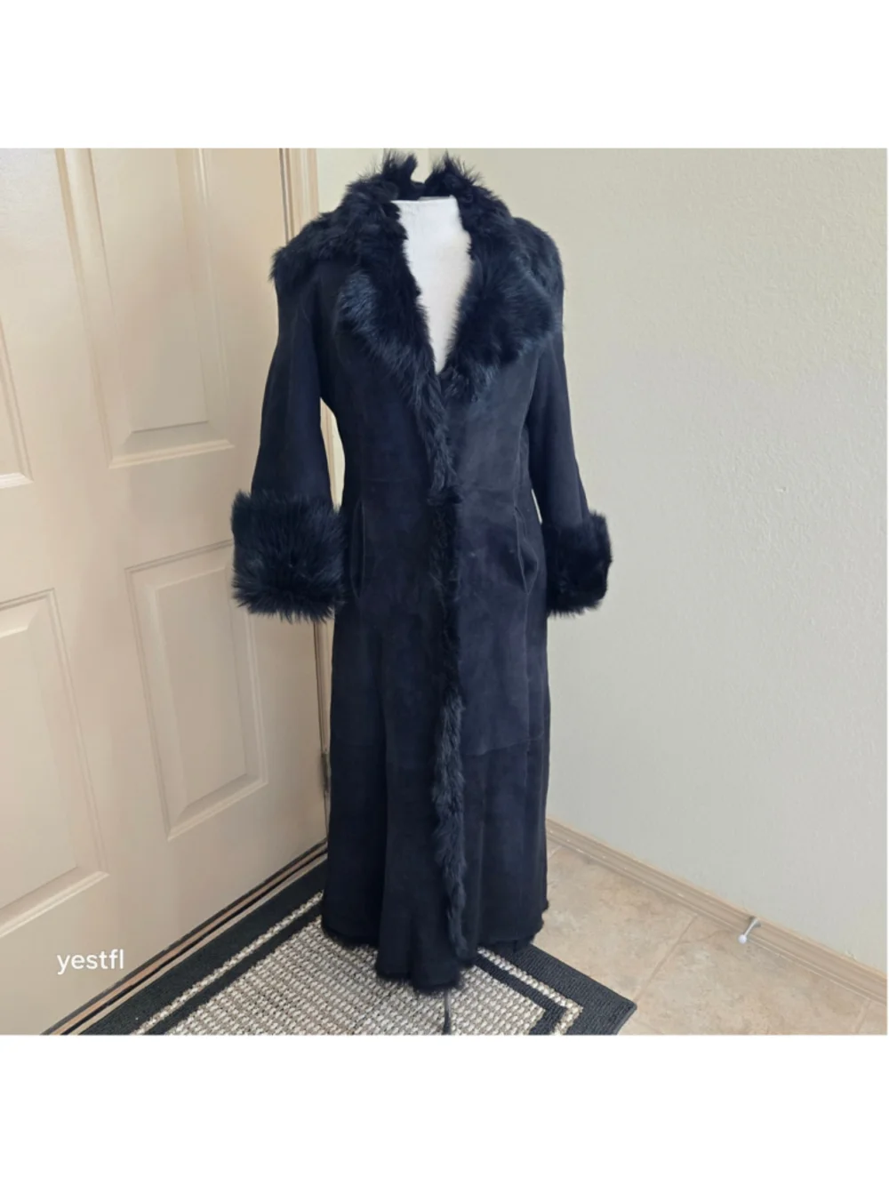 Cole Haan Black Genuine Shearling Long Coat Fur Trim Sz XS Penny Lane Luxury - Picture 2 of 16